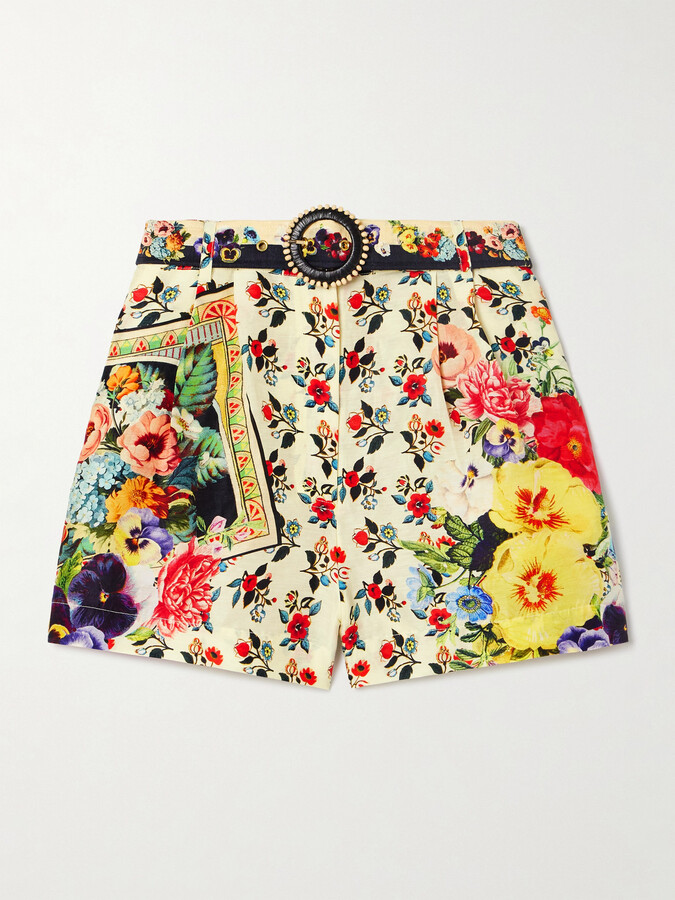 Camilla Belted Printed Linen And Silk-blend Shorts - Multi