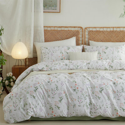 Nayoroom French Garden Durable Farmhouse Pink Flowers White Cotton Duvet Cover Set Aesthetic Garden Style Soft Floral Bedding Set