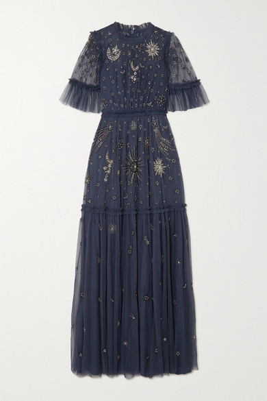 needle & thread embroidered bodice cami strap maxi dress in vintage navy