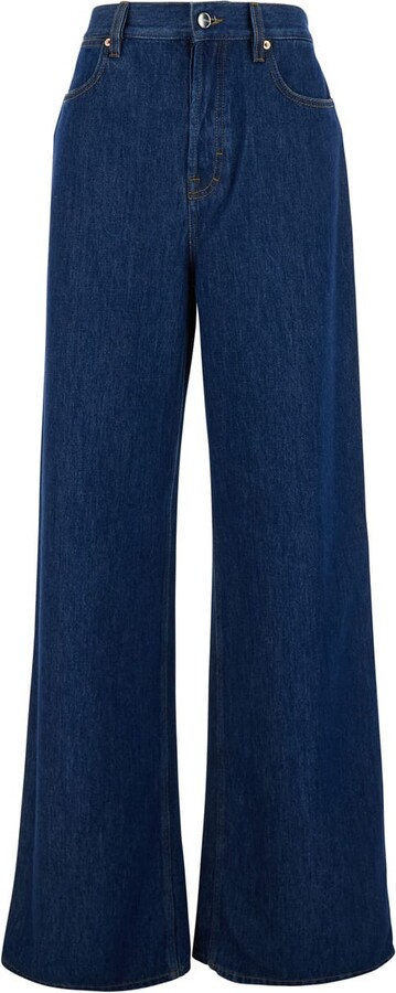 Blue Jeans With Logo Patch On The Rear And Wide Leg In Denim Woman