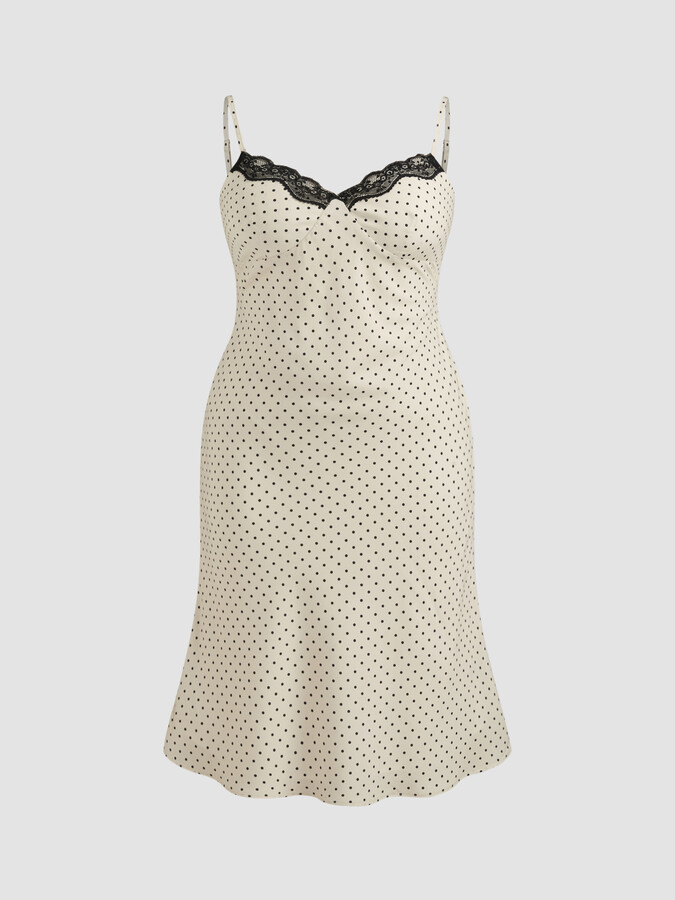 Chiffon Sweetheart Polka Dot Contrasting Lace Midi Dress Curve & Plus