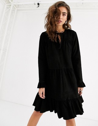 Object suede smock frill mini dress in black