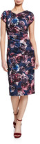 Thumbnail for your product : Theia Floral-Print Cap-Sleeve Ruched Sheath Dress