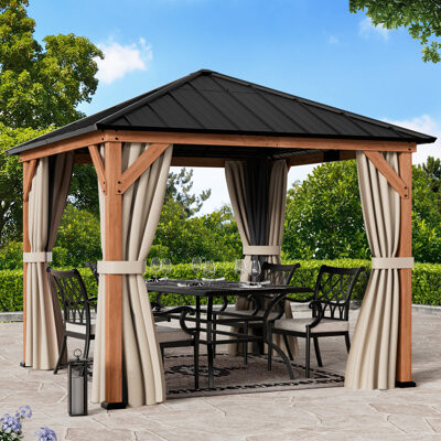 Quick Smith Woodstock10 FT. X 10 FT. Premium Cedar Wood Framed Hard Top Patio Gazebo With Galvanized Iron Roof, Mosquito Netting And Privacy Curtains