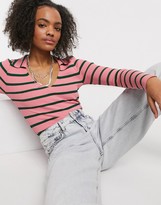 Thumbnail for your product : ASOS DESIGN ribbed jumper with open collar detail in stripe