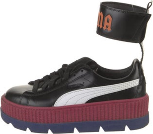 FENTY PUMA by Rihanna Leather Low Top Sneakers Black, Blue, Burgundy & White Colorblock Pattern Round-Toes Platform Lace-Up Closure at Uppers Includes Dust Bag Unfortunately, due to restrictions, this item may not be eligible for shipping in all areas.