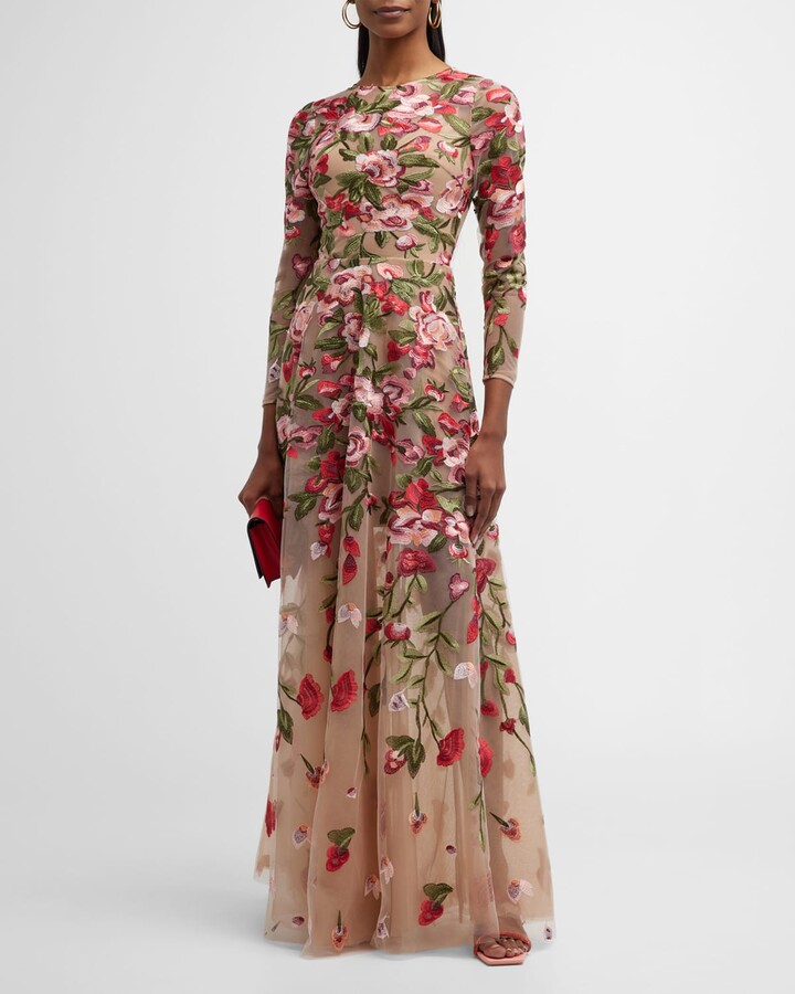 Dress the Population Ava Floral-Embroidered 3/4-Sleeve Gown - ShopStyle