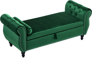 Velvet Multifunctional Storage Rectangular Ottoman Bench With 1 Pillow, Dark Green, Emerald