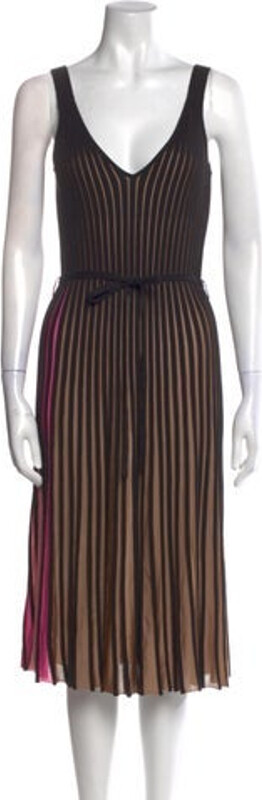 Kenzo A-Line Dress Brown Striped Pleated Accents Sleeveless with V-Neck