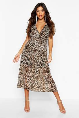 boohoo Leopard Print Open Back Tie Waist Midaxi Dress