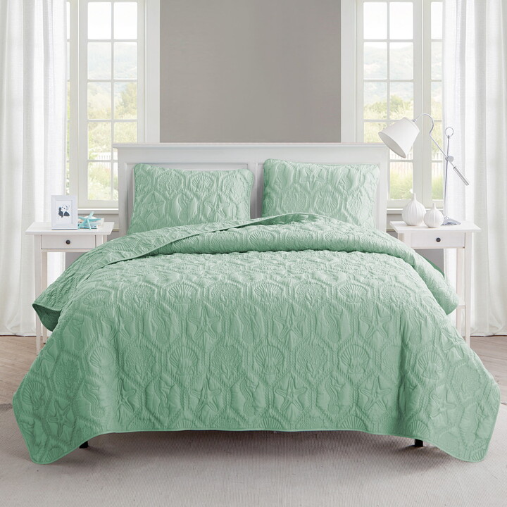 VCNY Home Shore Coastal 3-Piece Green Textured Sealife Quilt Set, Queen, Adult, Unisex