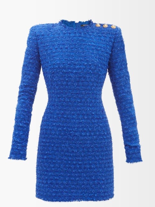 Balmain Buttoned-shoulder Tweed Mini Dress - Blue - ShopStyle