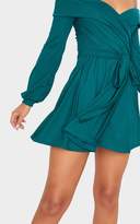 Thumbnail for your product : PrettyLittleThing Emerald Green Long Sleeve Wrap Bardot Skater Dress