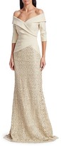 Thumbnail for your product : Teri Jon by Rickie Freeman Off-The-Shoulder Glitter Metallic & Lace Skirt Combo Gown