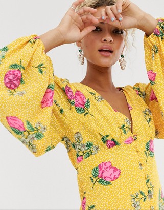 NEVER FULLY DRESSED button through mini dress with blouson sleeve in multi floral print