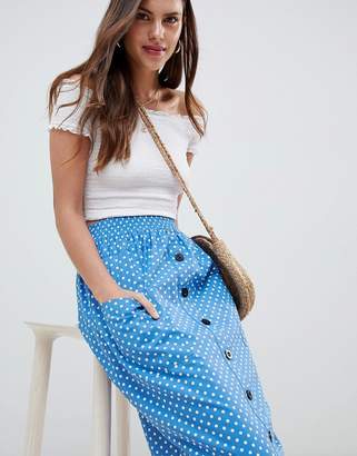 ASOS Design Cotton Midi Skirt With Button Front In Spot