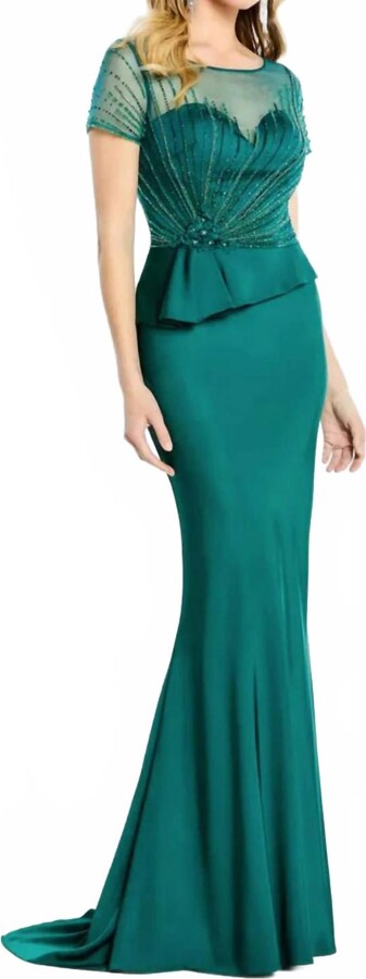 Montage by Mon Cheri Illusion Neckline Short Sleeve Dress In Emerald