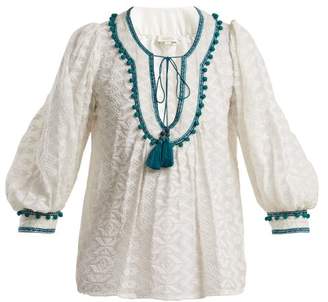 Talitha Collection Zipzag Embroidered Cotton And Silk Blend Shirt - Womens - Green White