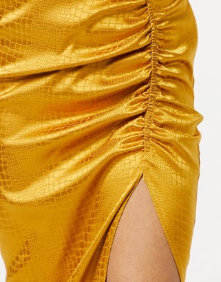 John Zack ruched detail midi skirt with thigh split in tonal mustard snake print