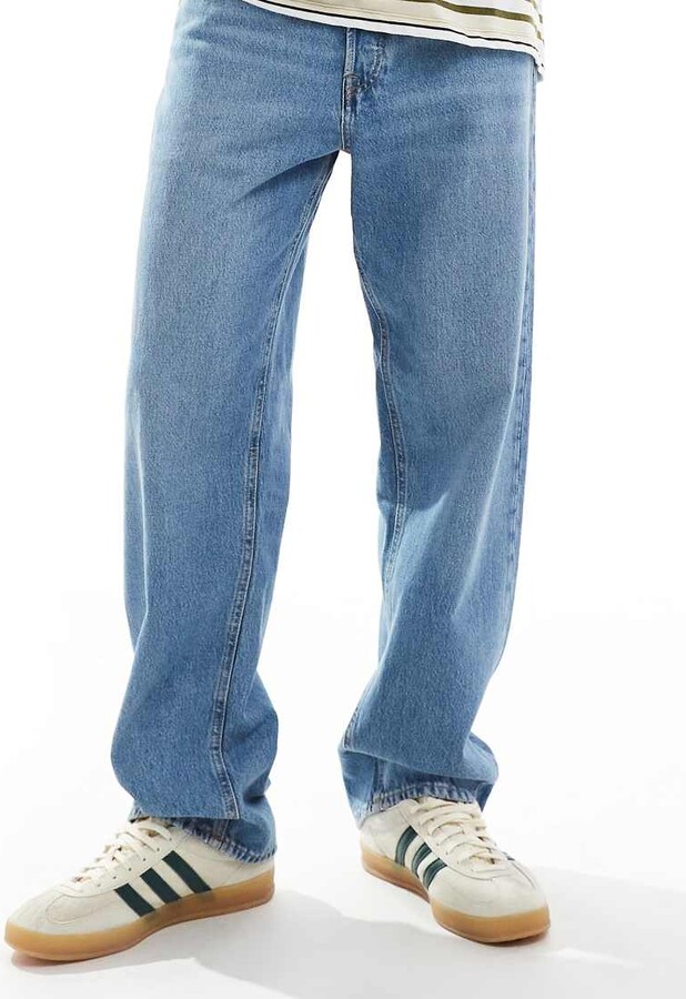 Jack and Jones Eddie loose fit rigid jean in mid blue wash
