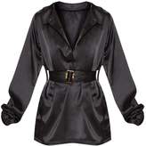 Thumbnail for your product : PrettyLittleThing Black Satin Plunge Longline Belted Top