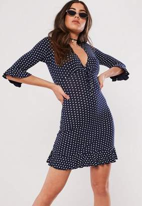 Missguided Navy Polka Dot Print Frill Tea Dress, Blue