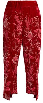 By Walid Meera Floral Embroidered Silk Velvet Trousers - Womens - Red