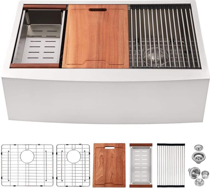 Afhocomp 33 in. Farmhouse 60/40 Double Bowl 16-Gauge Brushed Nickel Stainless Steel Kitchen Sink with Bottom Grids, Cutting Board
