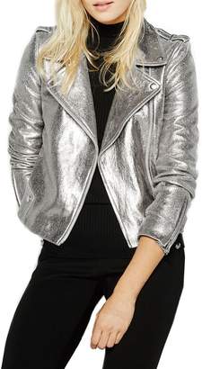 Haoduoyi Womens Causal Soft PU Metalic Crop Top Biker Jacket(XL,)