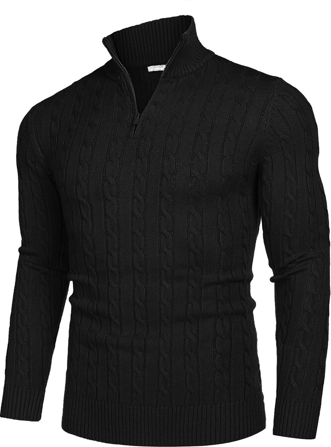 COOFANDY Men's Long Sleeve Jumper Crew Neck Sweater Cable Knitted Turtleneck Half Zip Neck