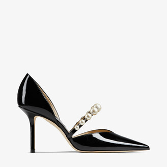 Jimmy Choo Black Patent Leather Pointed Pumps With Pearl Embellishment