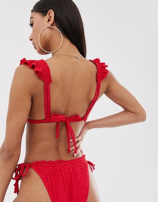 ASOS DESIGN textured ruffle triangle bikini top in red