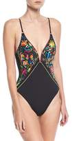 Thumbnail for your product : Nanette Lepore Isla Marietas Plunging One-Piece Swimsuit w/ Embroidery