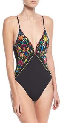 Nanette Lepore Isla Marietas Plunging One-Piece Swimsuit w/ Embroidery