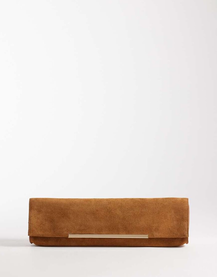 ASOS DESIGN suede elongated clutch bag with bar detail in brown