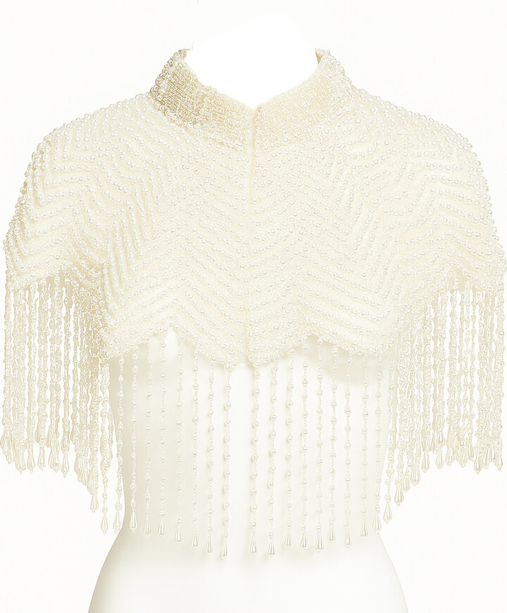 Richa Sharma White Handmade Ivory Pearl Cape - Beaded Fringe Shawl