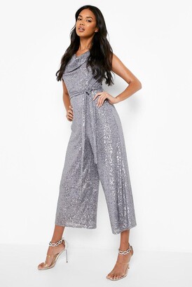 boohoo Sequin Cowl Neck Belted Culotte Jumpsuit - ShopStyle
