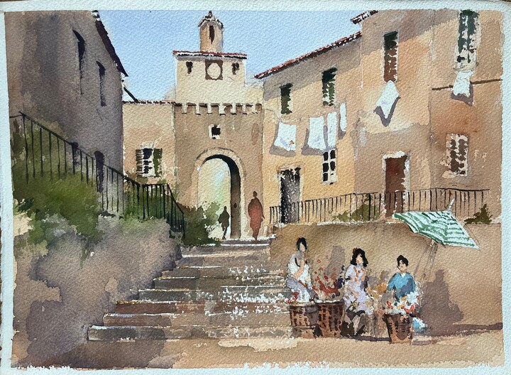 Anthony Avery, British Watercolor of a Market Scene with Arched Gate and Flower Sellers