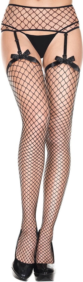Music Legs Women’s Mini diamond net garterbelt with satin bow thigh hi 7914-BLACK 00849450077312