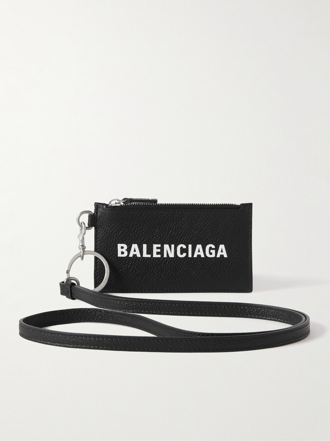Balenciaga Logo-Print Full-Grain Leather Cardholder with Lanyard