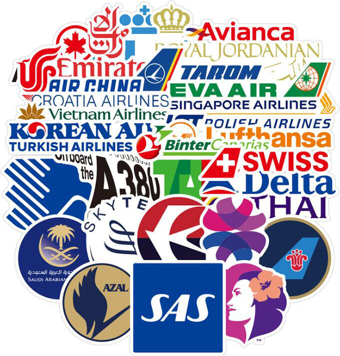 JASON TUTU 55Pcs/lot Waterproof Aviation Aircraft company LOGO Stickers Suitcase Fridge Phone Laptop Stikers Decal Sticker
