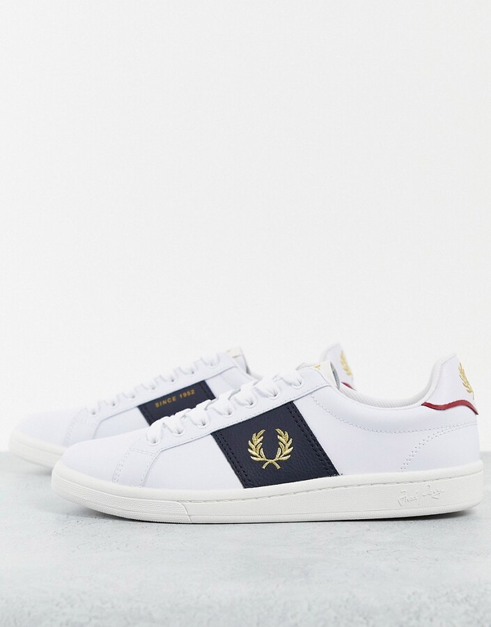 Fred Perry B721 leather navy side panel sneakers in white - ShopStyle