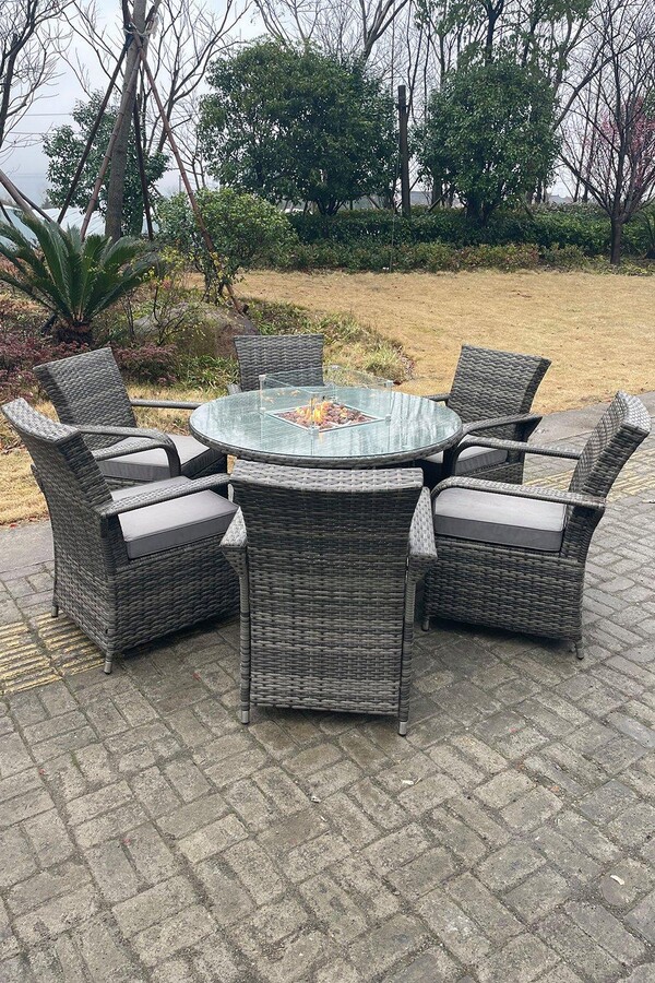 Fimous PE Rattan Gas Fire Pit Round Dining Table Gas Heater Dining