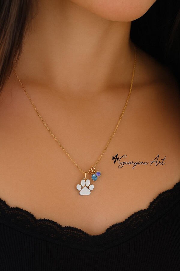Etsy Mini Paw Print Necklace With 2 Birthstones in Solid Gold 10K 14K Or 18K