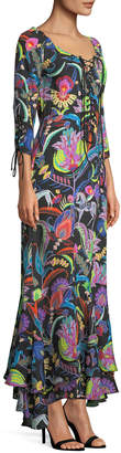 Etro Multicolor Floral-Print Lace-Up Silk-Blend Gown w/ Tiered Hem