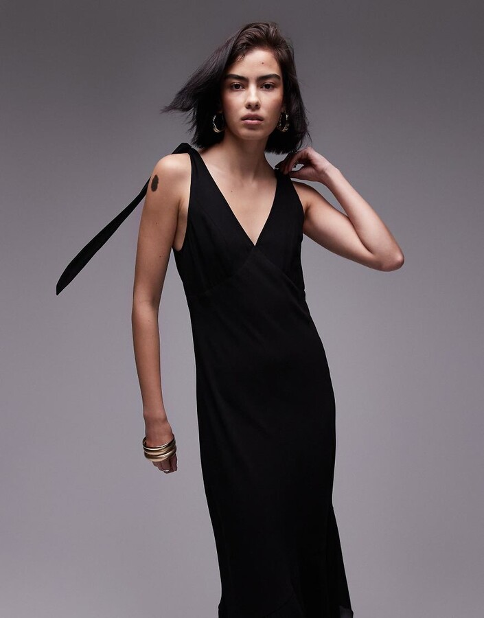 Topshop tie shoulder midi dress in black ShopStyle