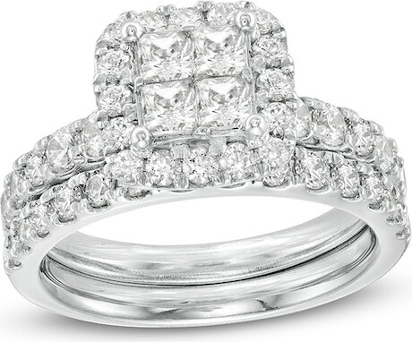 Zales Previously Owned - 2 CT. T.w. Quad Princess-Cut Diamond Frame Bridal Set in 14K White Gold