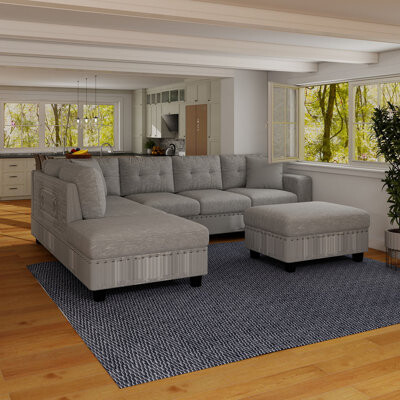Modern Grey L-shaped Sectional Sofa With Storage Bench, 2 Pillows And Cup Holders, With Reversible Recliner For Living Room, Velvet