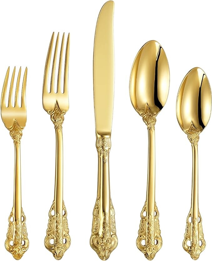 KEAWELL Luxury 20 Pieces 18/10 Stainless Steel Flatware set, Service for 4, silver plated with gold accents, Fine Silverware set and Dishwasher Safe (Gold)