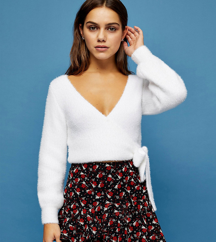Topshop Petite fluffy ballet wrap top in ivory - ShopStyle Sweaters